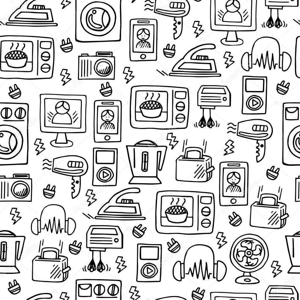 1024x1024 Home Electronics Sketch Vector Seamless Pattern. Stock Vector