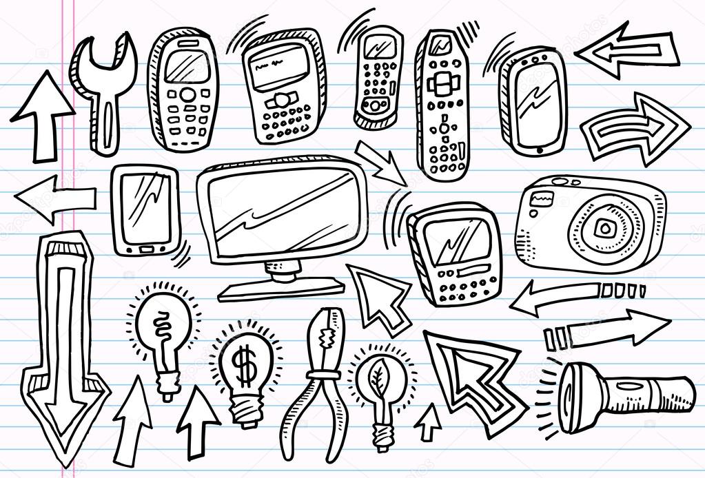 1023x694 Notebook Doodle Sketch Electronics Vector Set Stock Vector