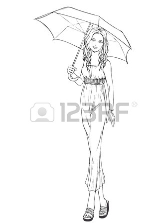 335x450 Elegant Woman In Evening Dress Standing Back. Freehand Drawing