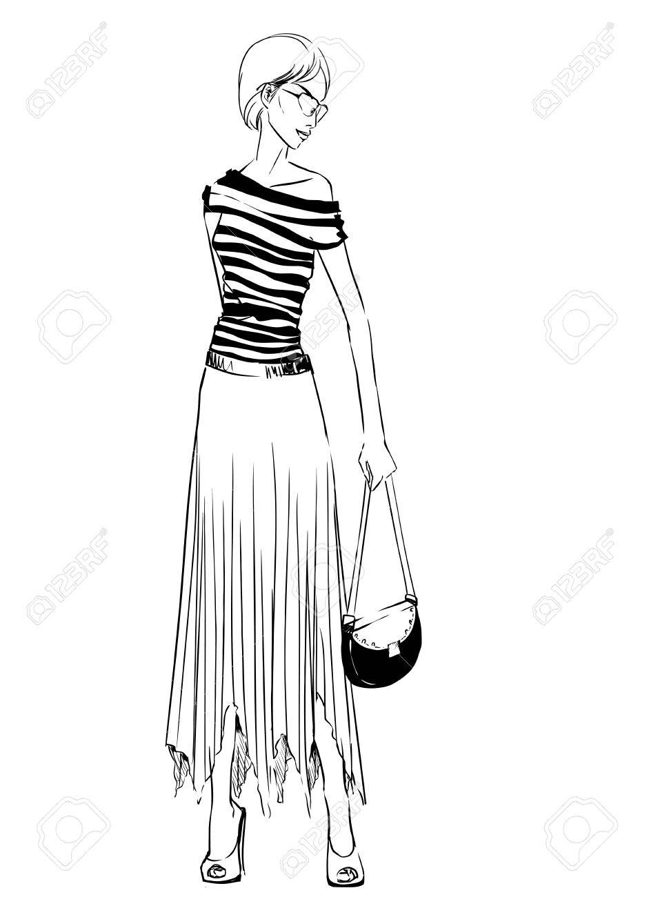 970x1300 Elegant Woman In Long Skirt With A Clutch. Freehand Drawing