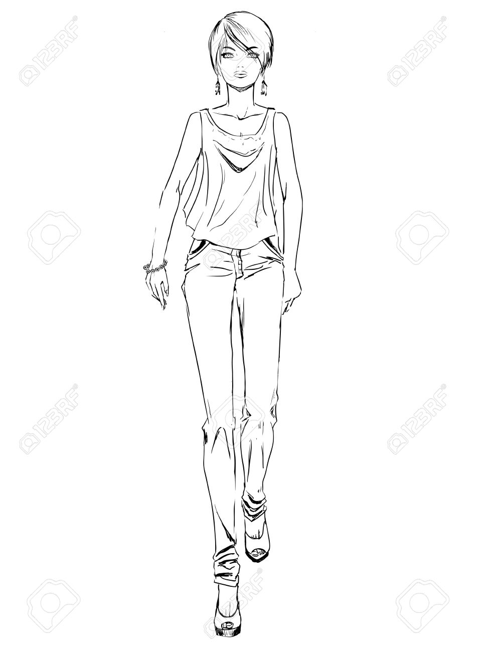 967x1300 Vector Fashion Sketch Of Elegant Beautiful Girl In Summer Dress