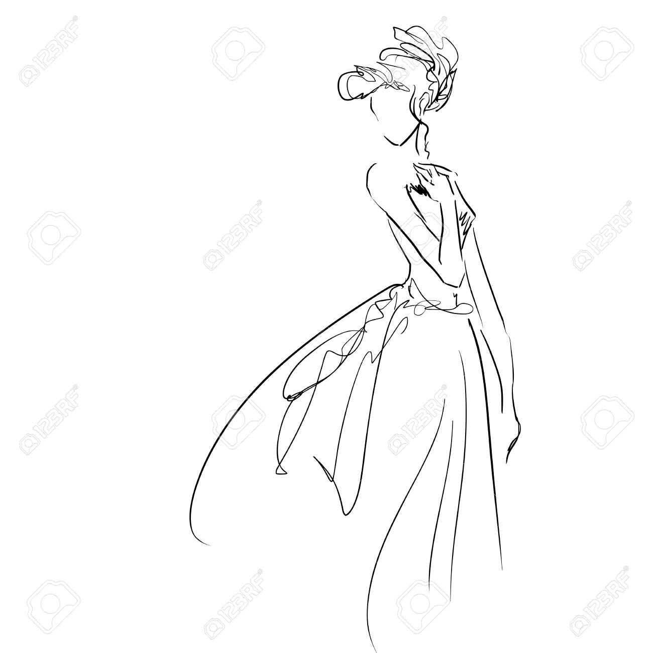 1300x1300 Vector Freehand Art With Elegant Young Woman In Evening Dress