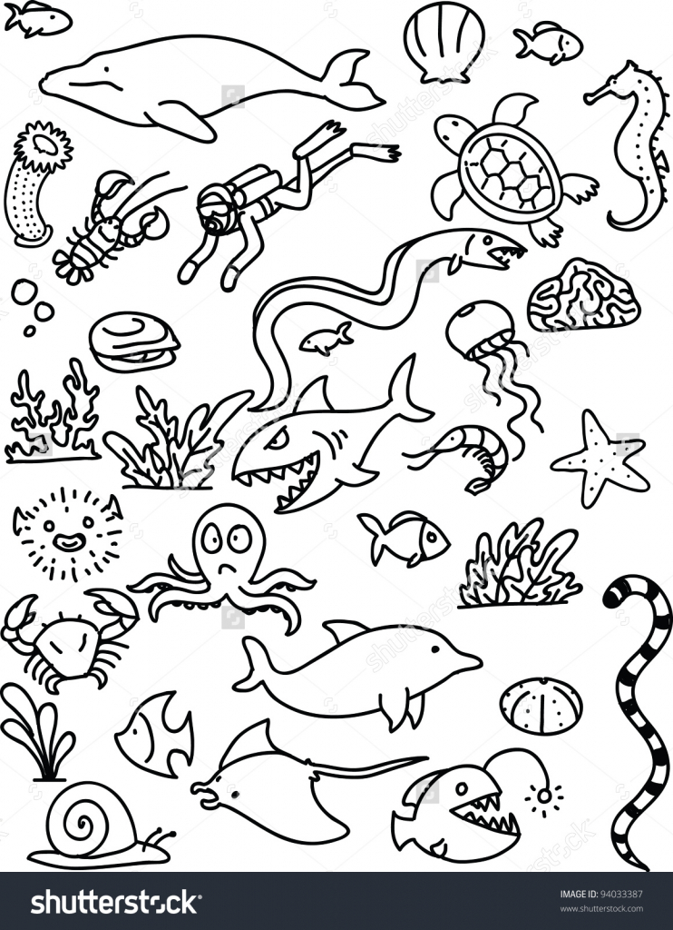 742x1024 Drawing Sea Animals Sea Creature Doodle Background Vector