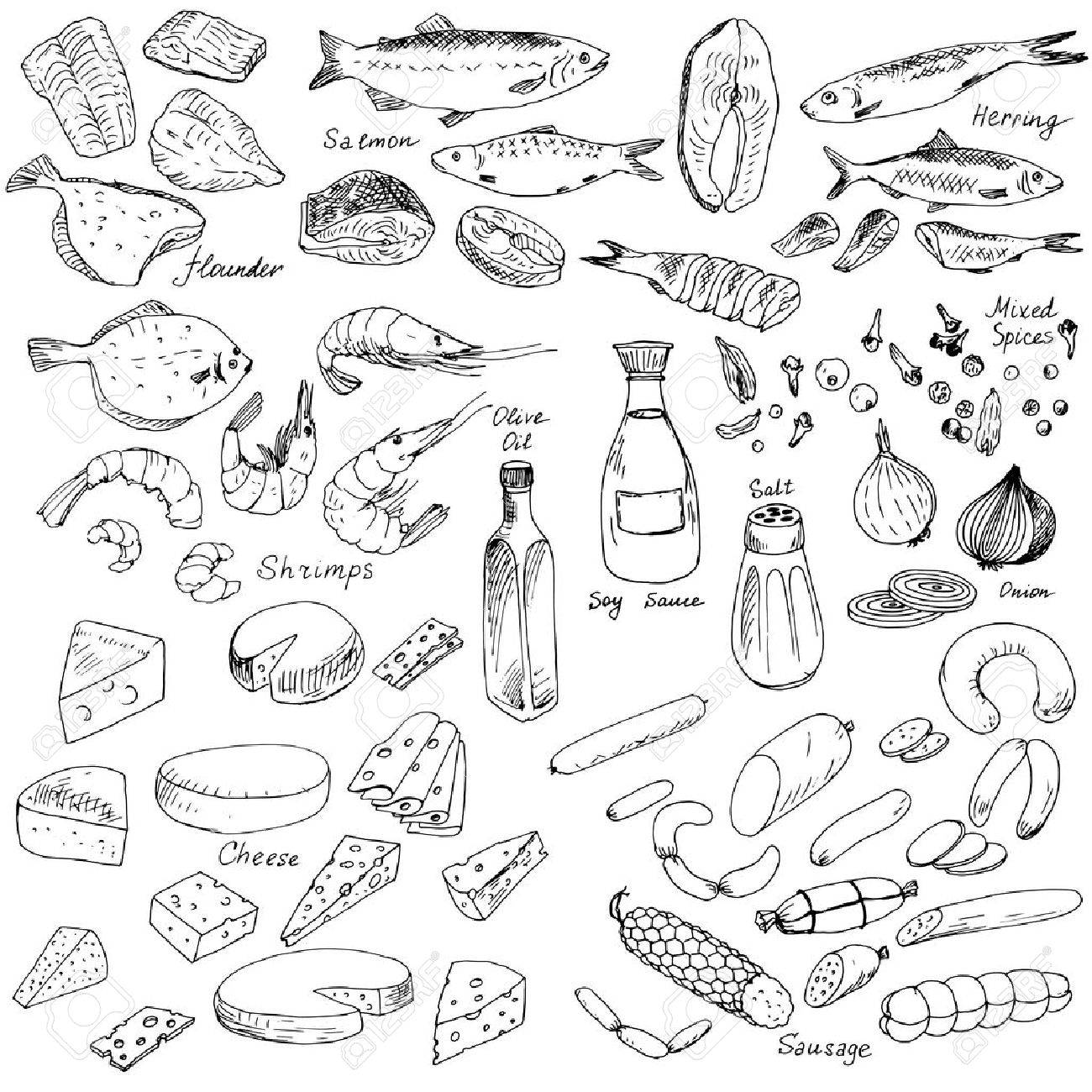 1300x1300 Meat,fish And Cheese,vector Food Set, Ink Drawing Vector Elements