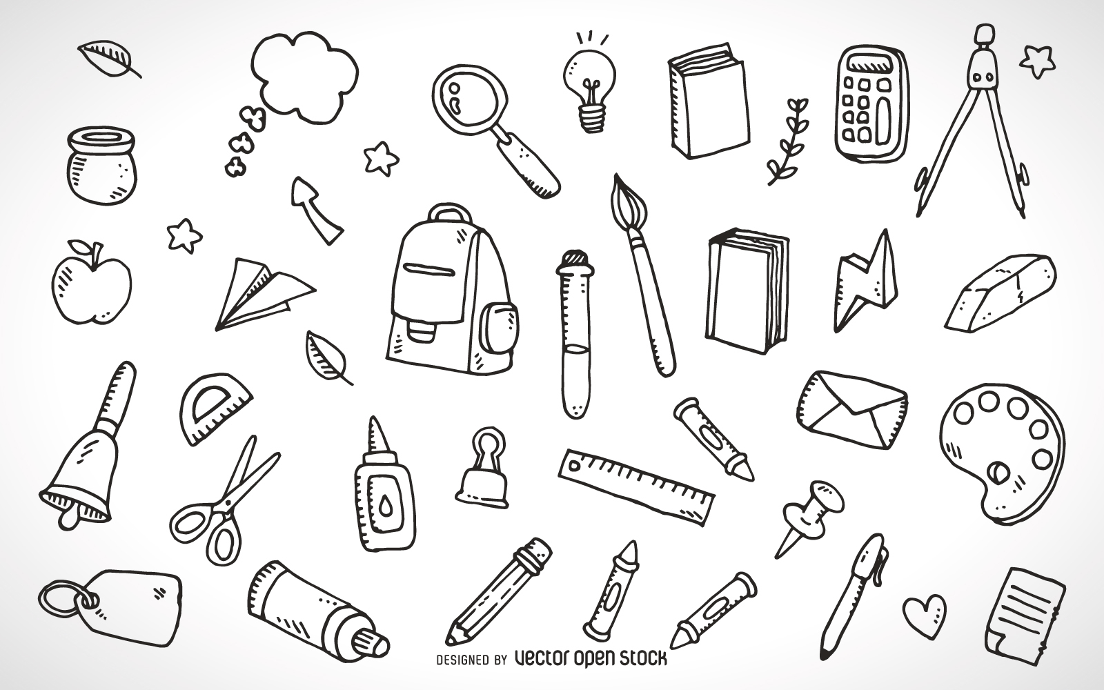 1600x1000 School Supplies Elements Outline