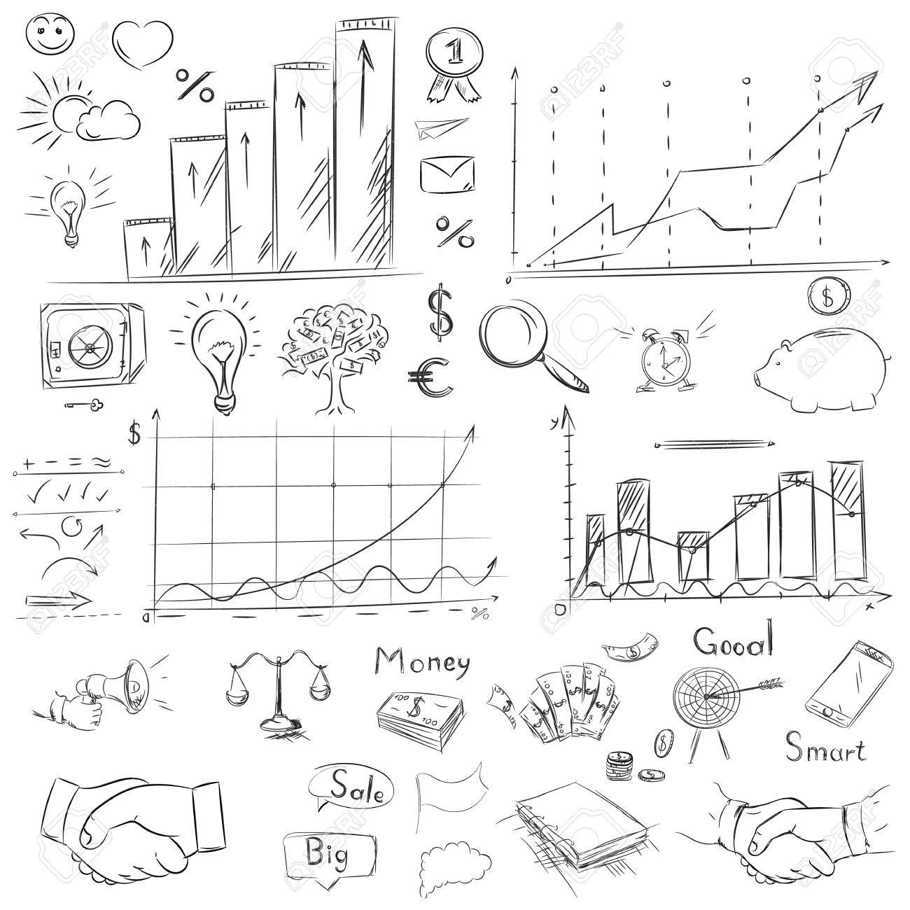 1300x1300 Sketch Collection Business Elements In Vector. Drawing Freehand