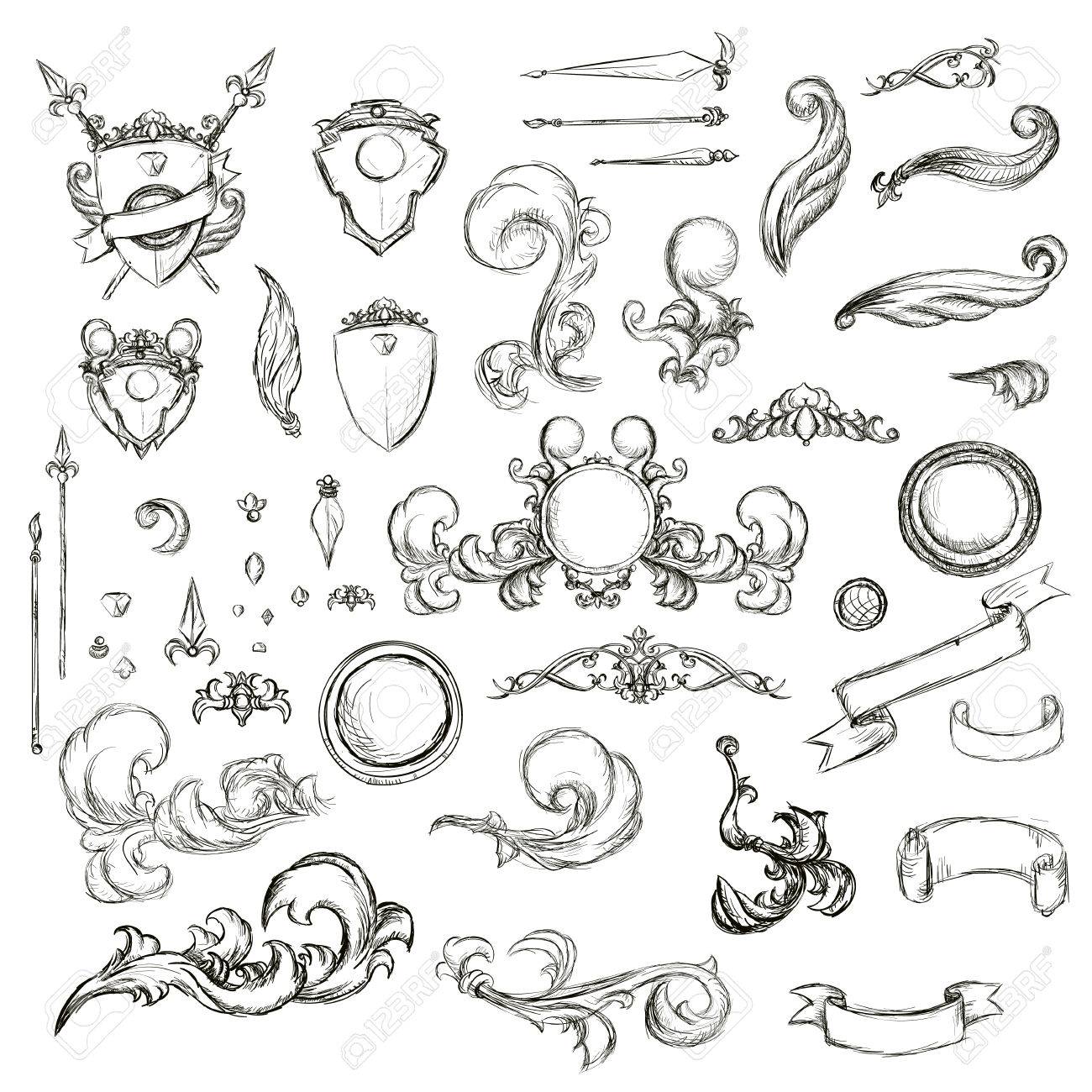 1300x1300 Vintage Set Decor Elements For Menu. Elegance Old Hand Drawing