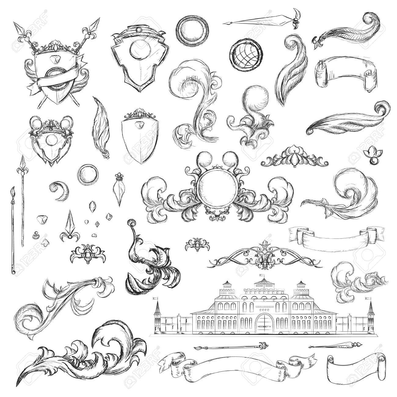 1300x1300 Vintage Set Decor Elements For Menu. Elegance Old Hand Drawing Set