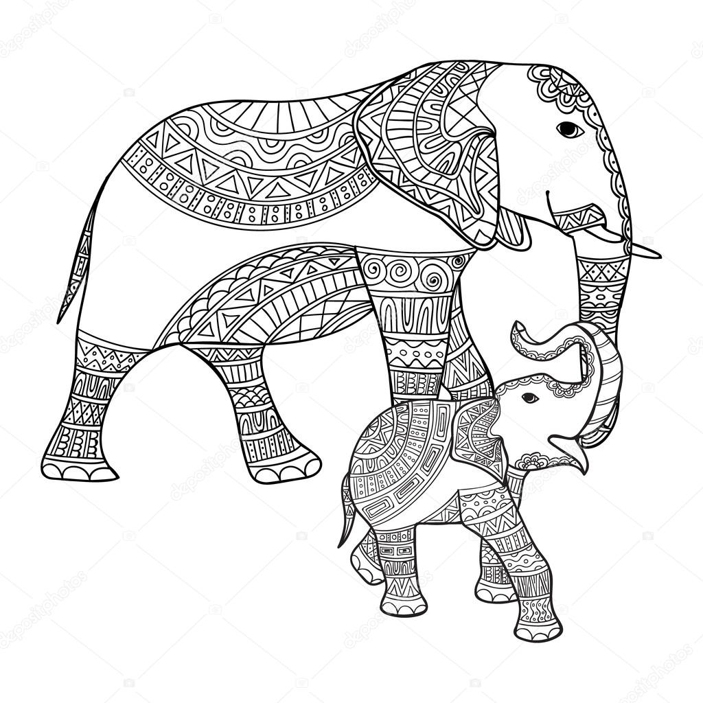 1024x1024 Mother Elephant And Baby. Black, White Doodle Print With Ethnic
