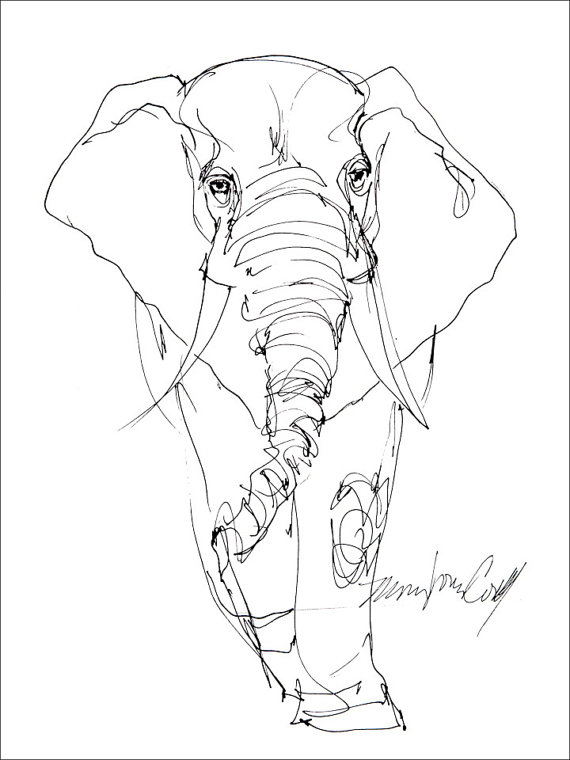 570x760 Elephant Line Drawing. Greeting Card From Reproduction Of Original