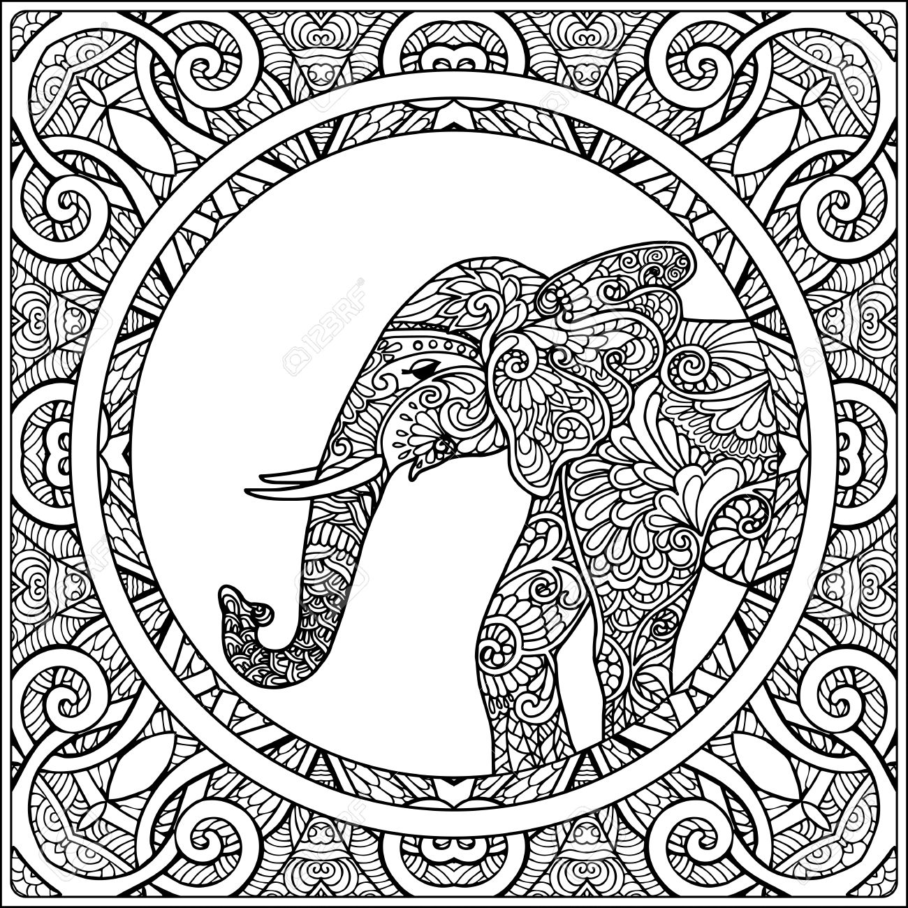 1300x1300 Coloring Page With Elephant In Decorative Mandala Frame. Coloring