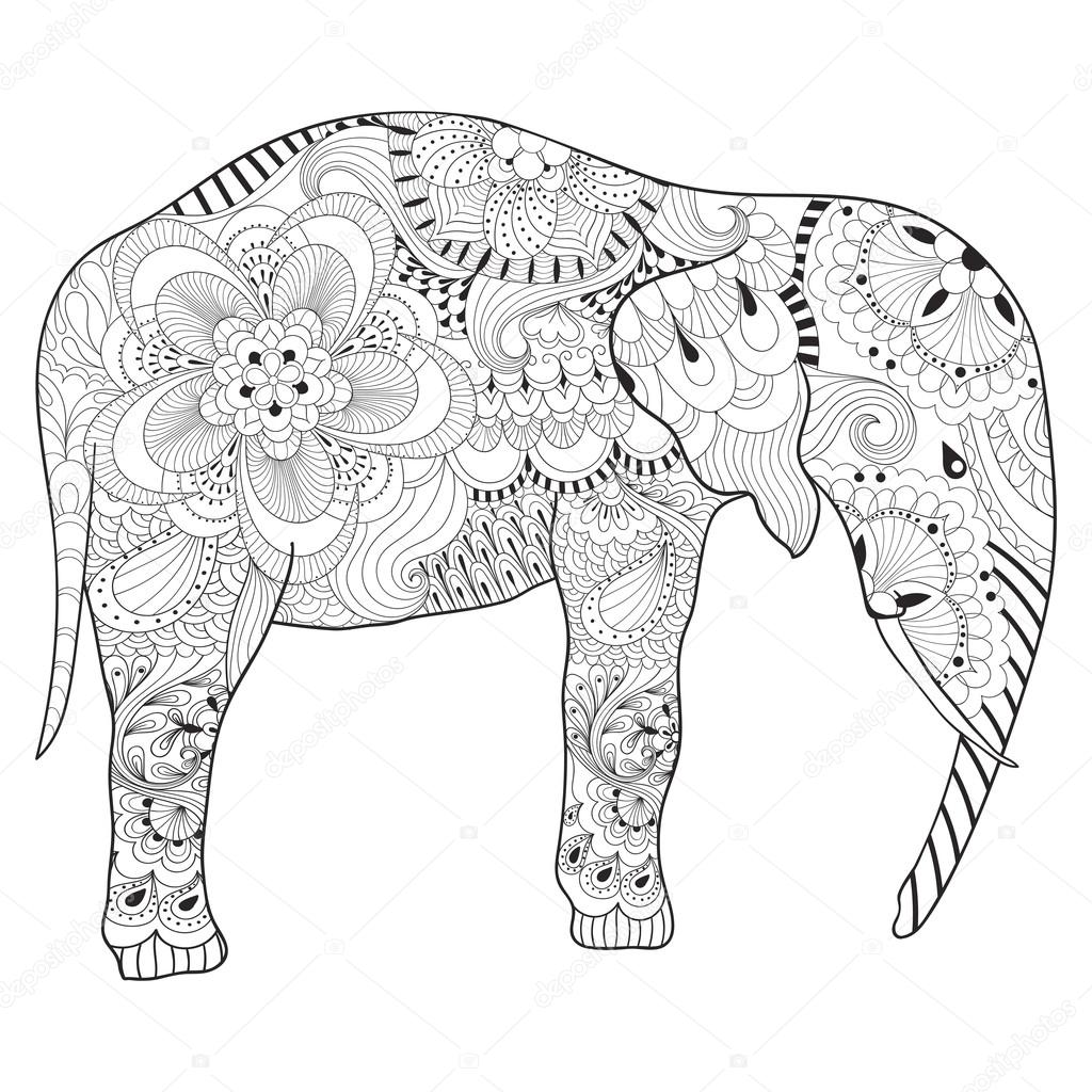 1024x1024 Hand Drawn Zentangle Elephant With Mandala For Adult Antistress