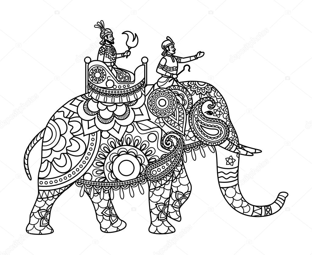1023x837 Indian Maharajah On Elephant Coloring Pages Stock Vector