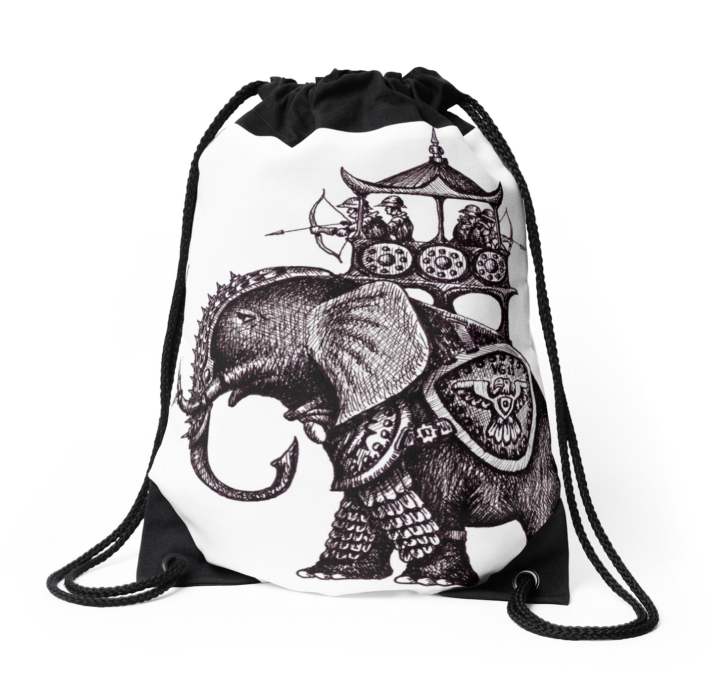 1435x1404 War Elephant Black And White Pen Ink Drawing Drawstring Bags By