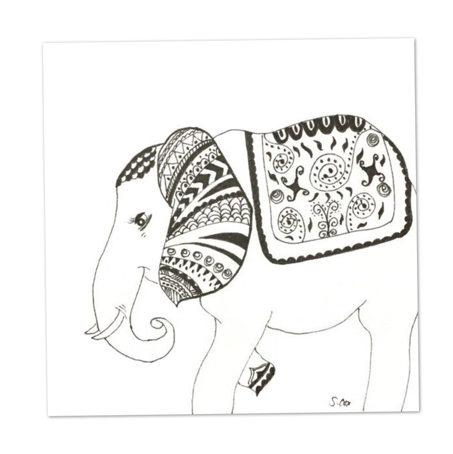 1497x1500 Zentangle Drawing, Boho Home Decor, Original Pen And Ink, Elephant