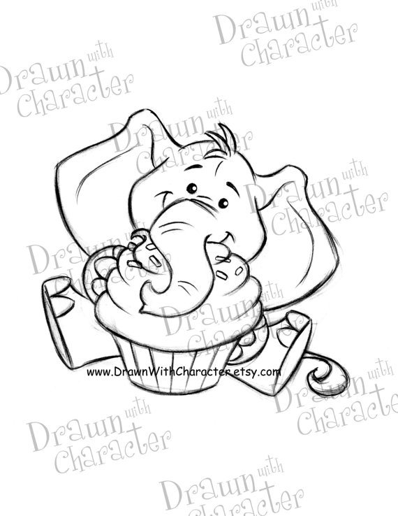 570x738 Birthday Elephant Sitting With A Cupcake Digital Stamp