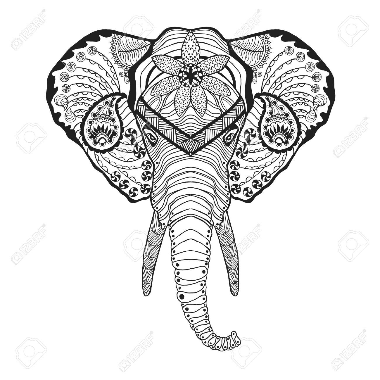 1300x1300 Elephant Head. Adult Antistress Coloring Page. Black White Hand