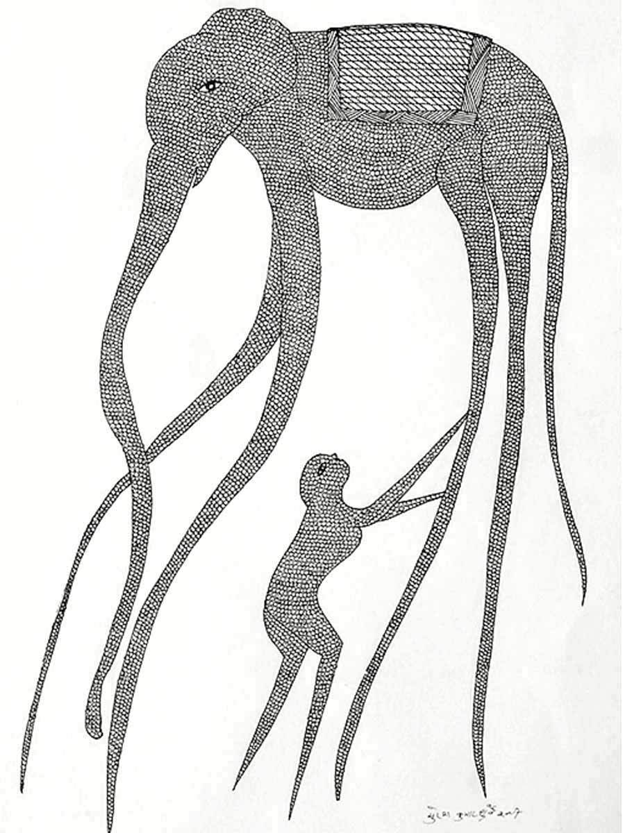 900x1200 Gond Drawing, Elephant Amp Monkey Silk Road Gallery