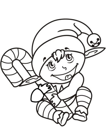 371x480 Cute Christmas Elf With Candy Cane Coloring Page Free Printable