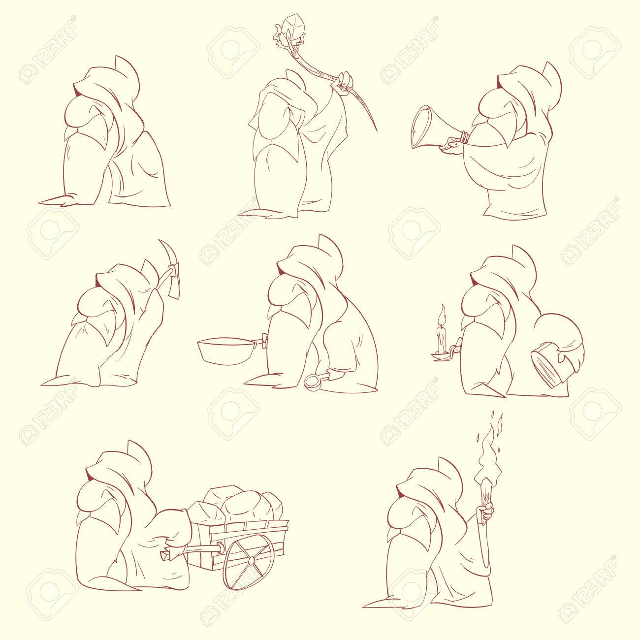 1300x1300 Line Drawing Vector Illustration Of A Cartoon Dwarfs, Elfs