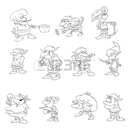 450x450 Vector Dwarfs, Gnomes Or Christmas Elfs Outline Drawing