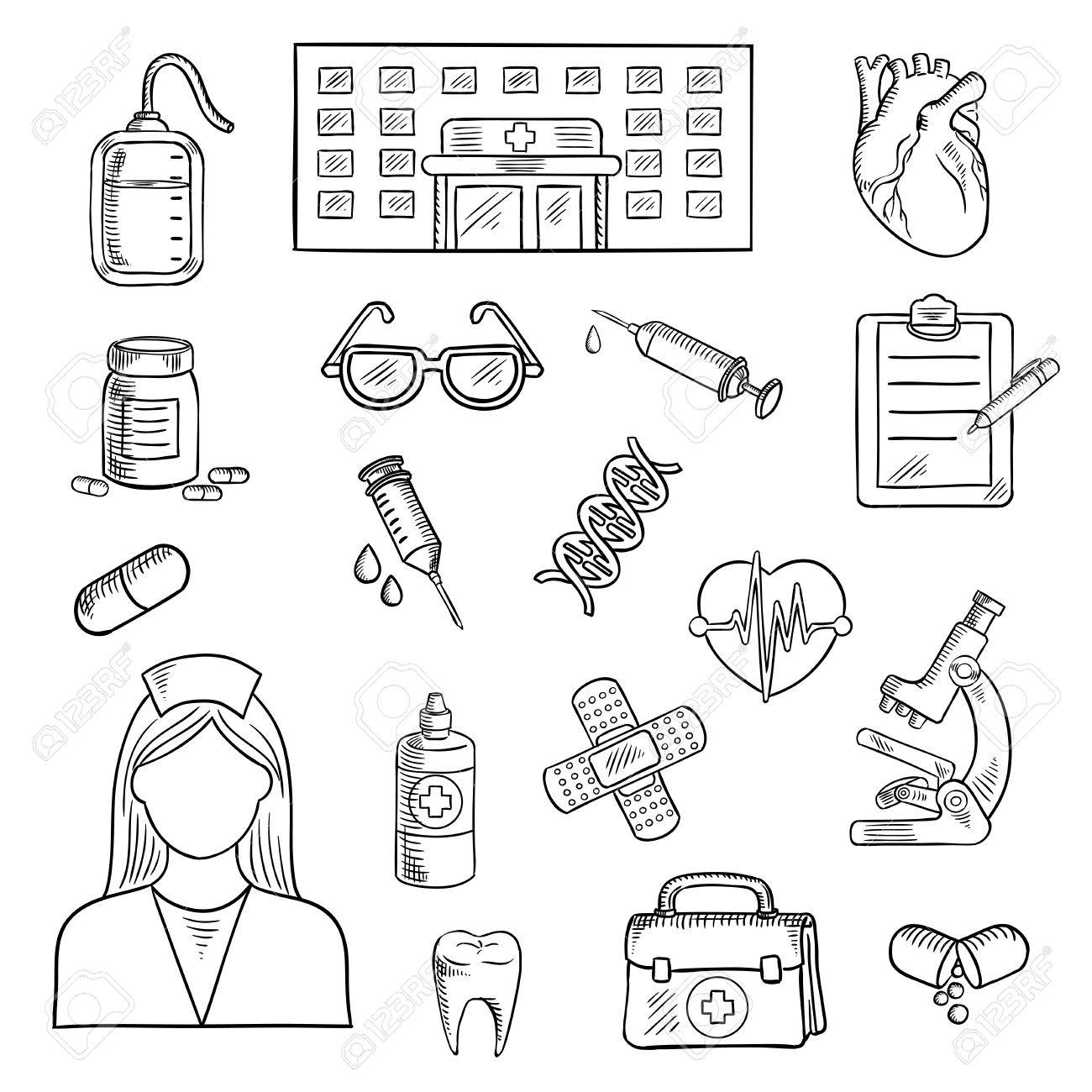 1300x1300 Medical Sketched Icons Of Hospital Building, Doctor And First