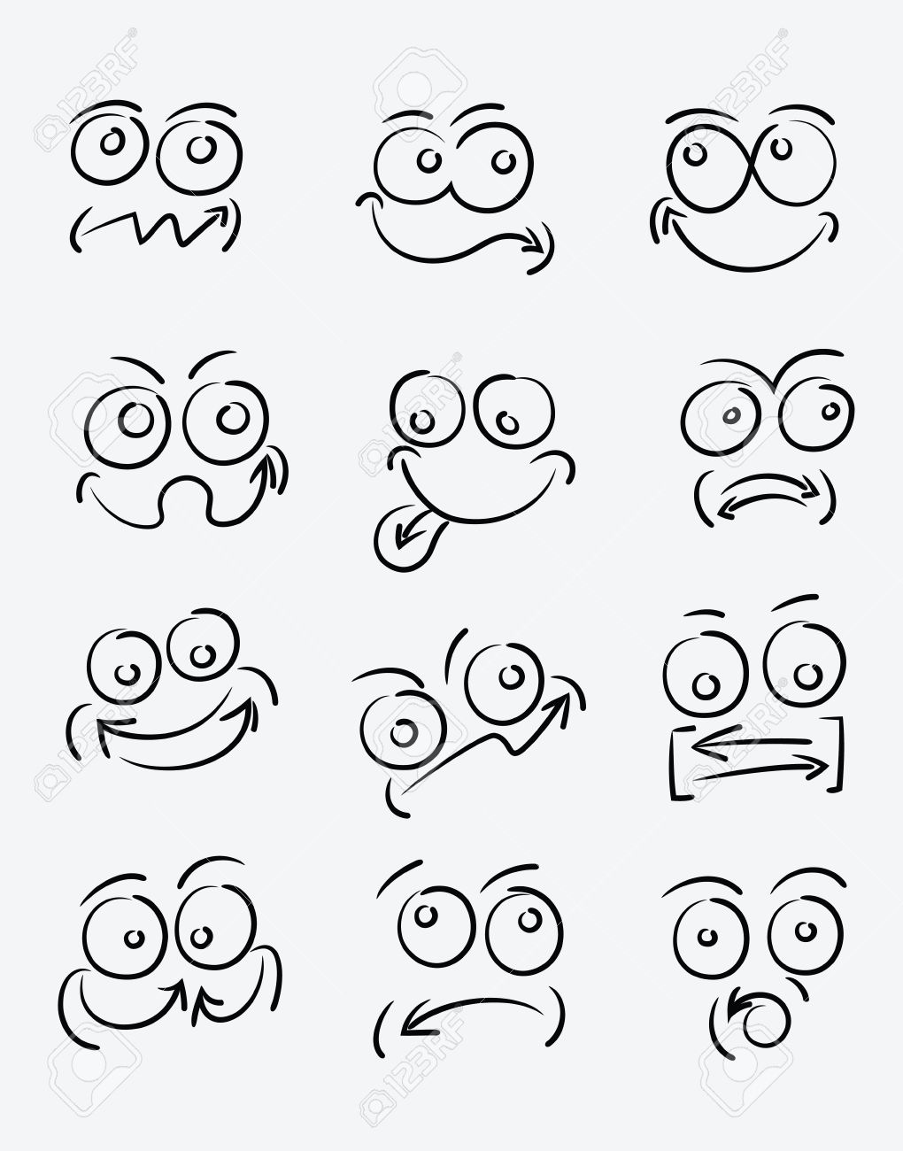 1020x1300 Emotion Cartoon Face Set, Art Vector Contour Outline Sketch
