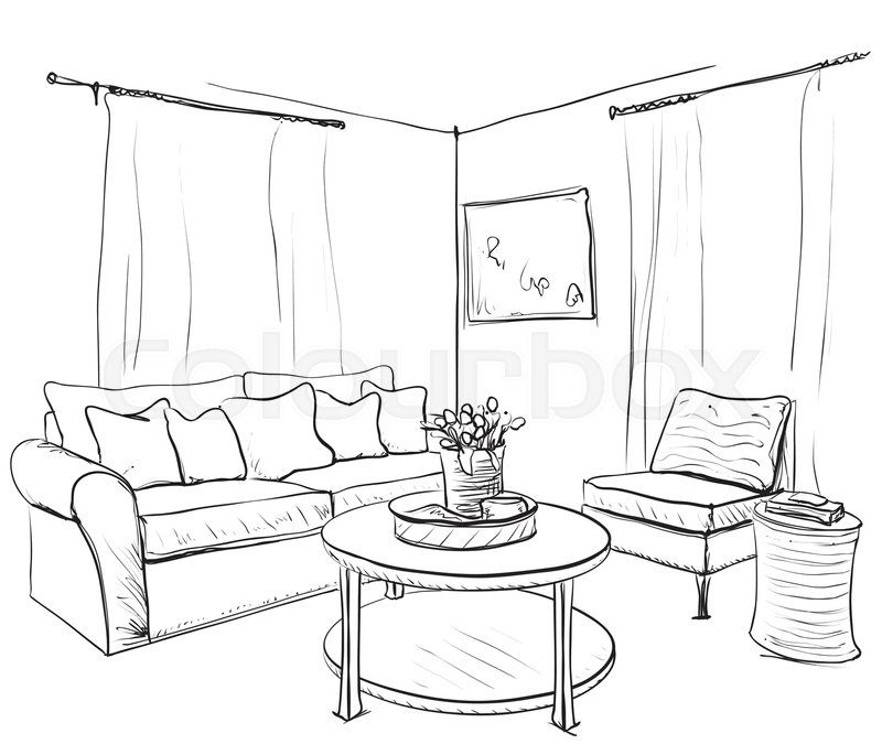 800x685 Room Interior Sketch. Hand Drawn Sofa And Bookshelves. Stock