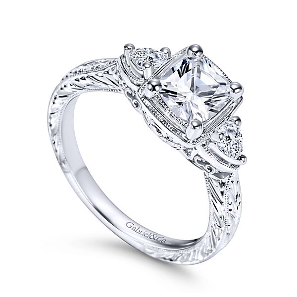 600x600 Magdalena 14k White Gold Cushion Cut 3 Stones Engagement Ring