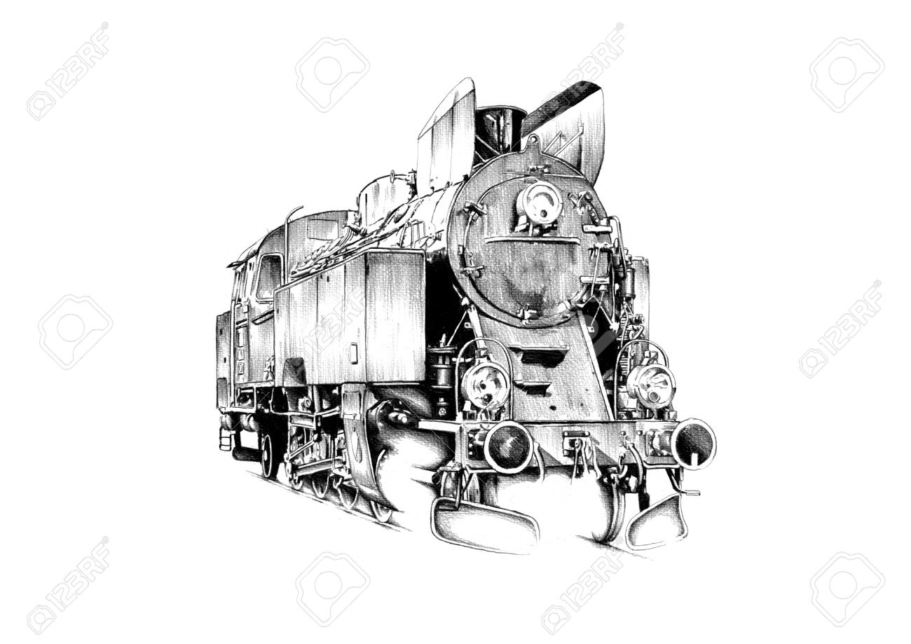 1300x919 Old Steam Locomotive Engine Retro Vintage Drawing Stock Photo