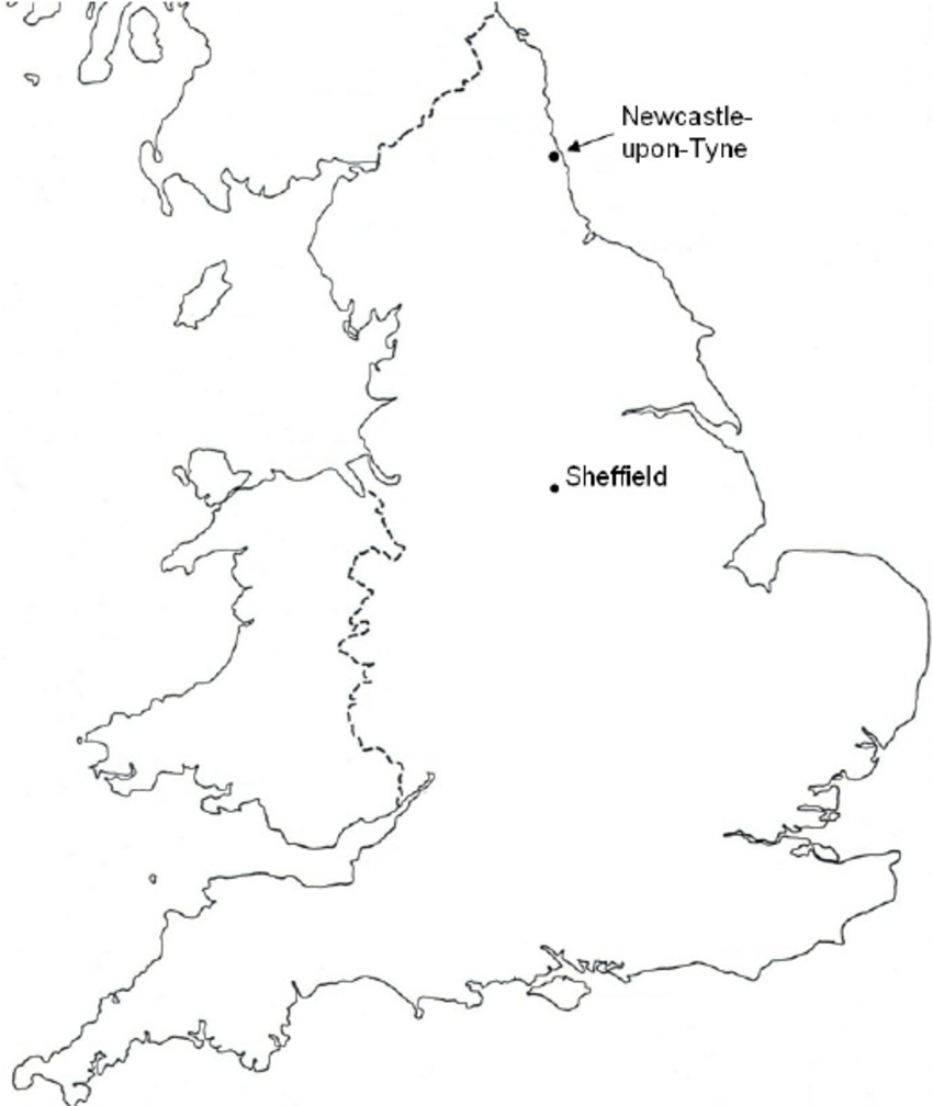 850x1008 Map Of England, Showing The Locations Of Newcastle And 3 Sheffield