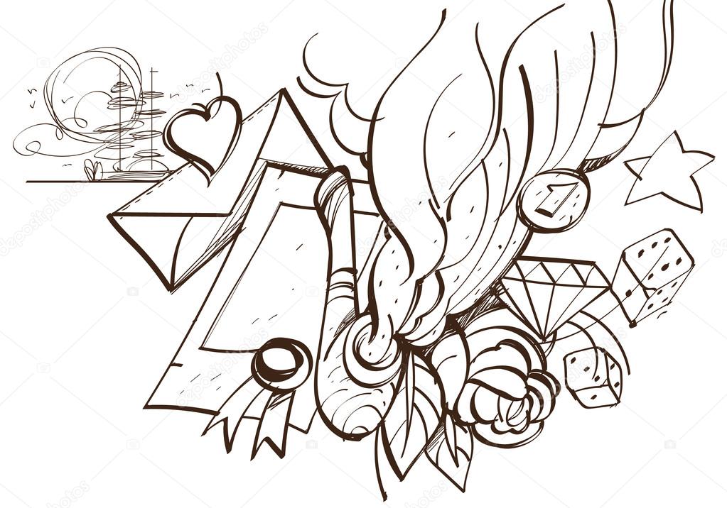 1023x716 Pipe, A Letter With An Envelope, Rose. Romantic Sketch, Hand