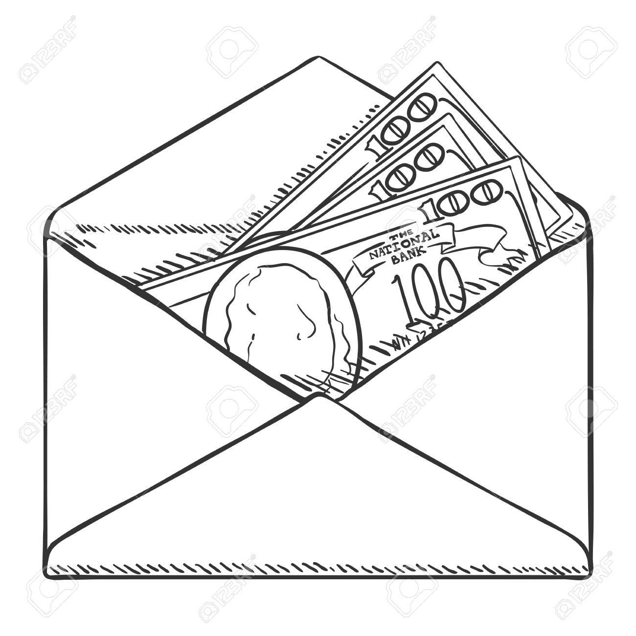 1300x1300 Vector Single Sketch Open Envelope With Banknotes On White