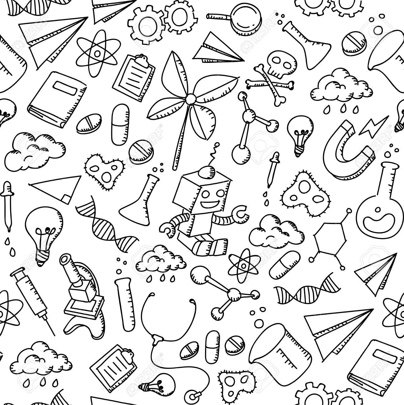 1297x1300 Seamless Pattern Background Science Equipment Kids Hand Drawing