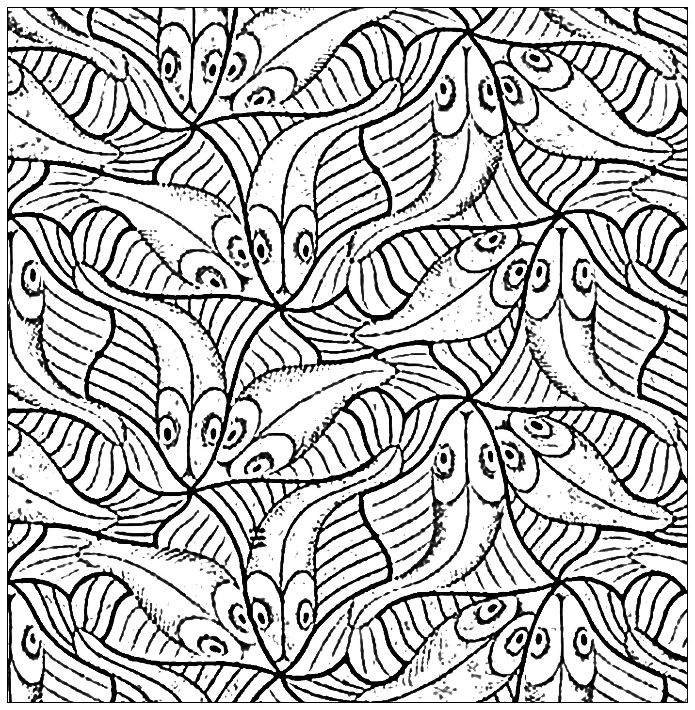 1433x1465 Squared Drawing With Fishes By M C Escher Animals