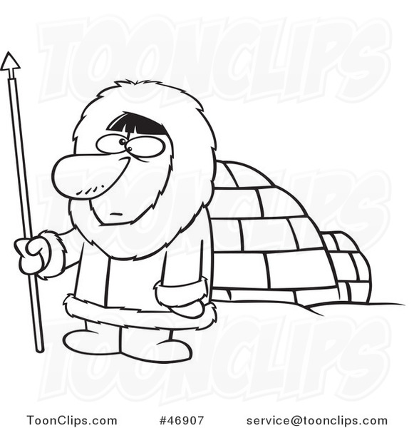 581x600 Black And White Cartoon Eskimo Hunter Guy By An Igloo