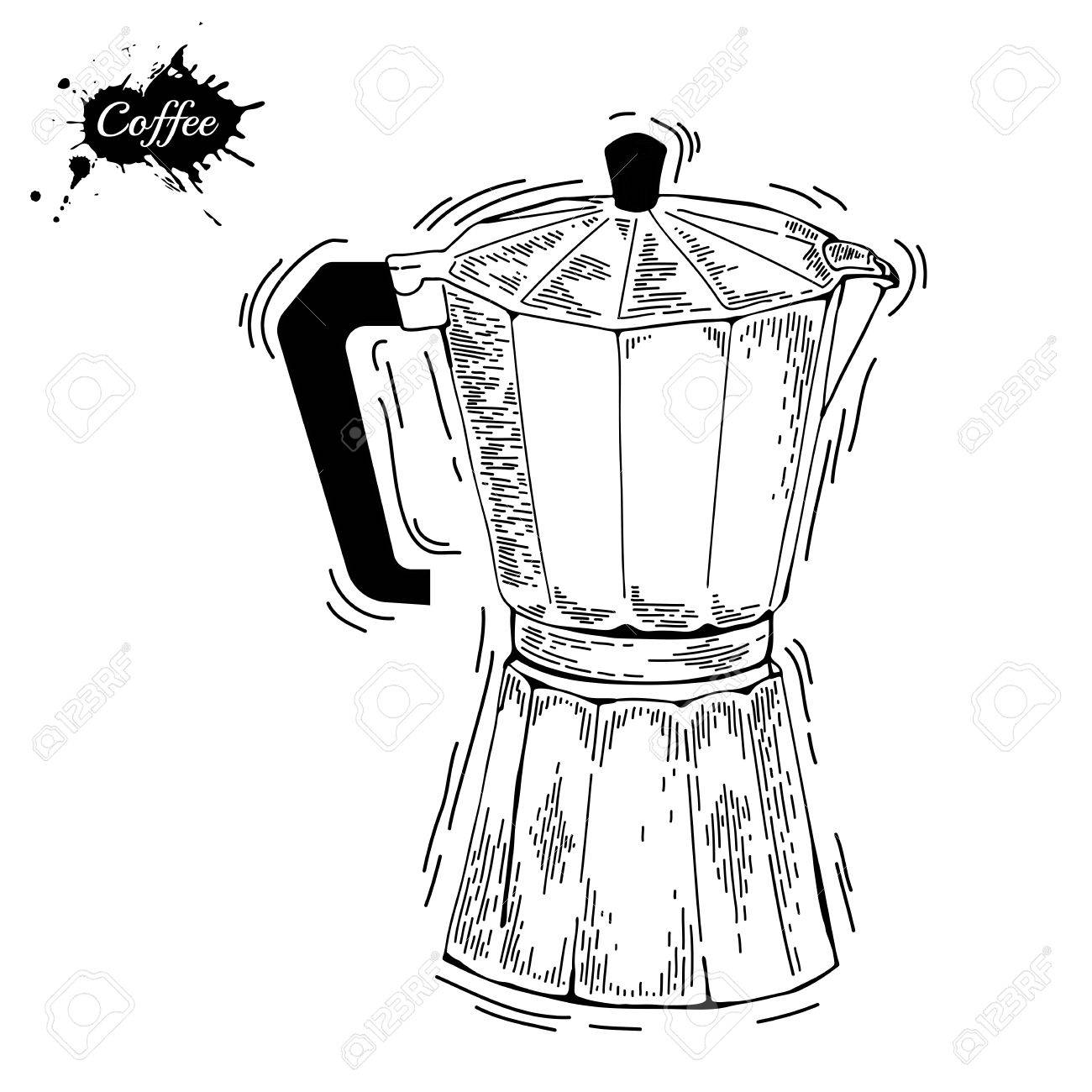 1300x1300 Coffee Ware. Coffee Pot Sketch Illustration. Moka Pot An Engraving