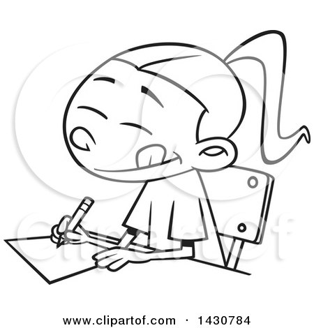 450x470 Clipart Of A Cartoon Black And White Lineart School Girl Writing