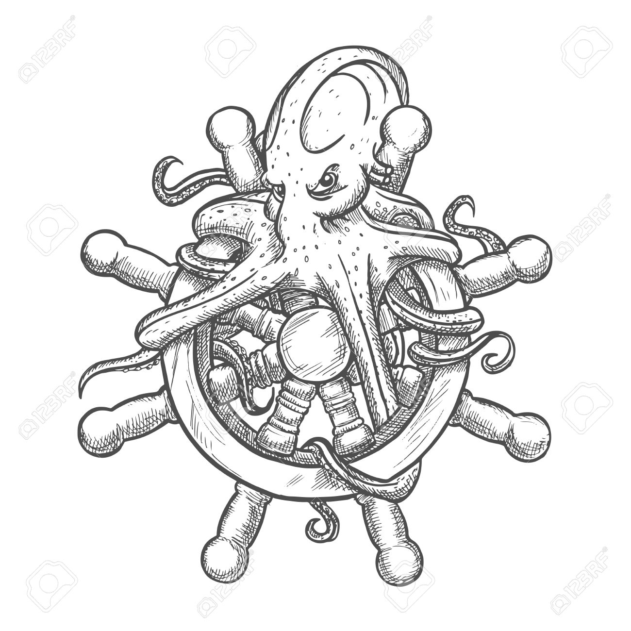 1300x1300 Vintage Sketch Of Angry And Dangerous Octopus On Helm Of Sailing