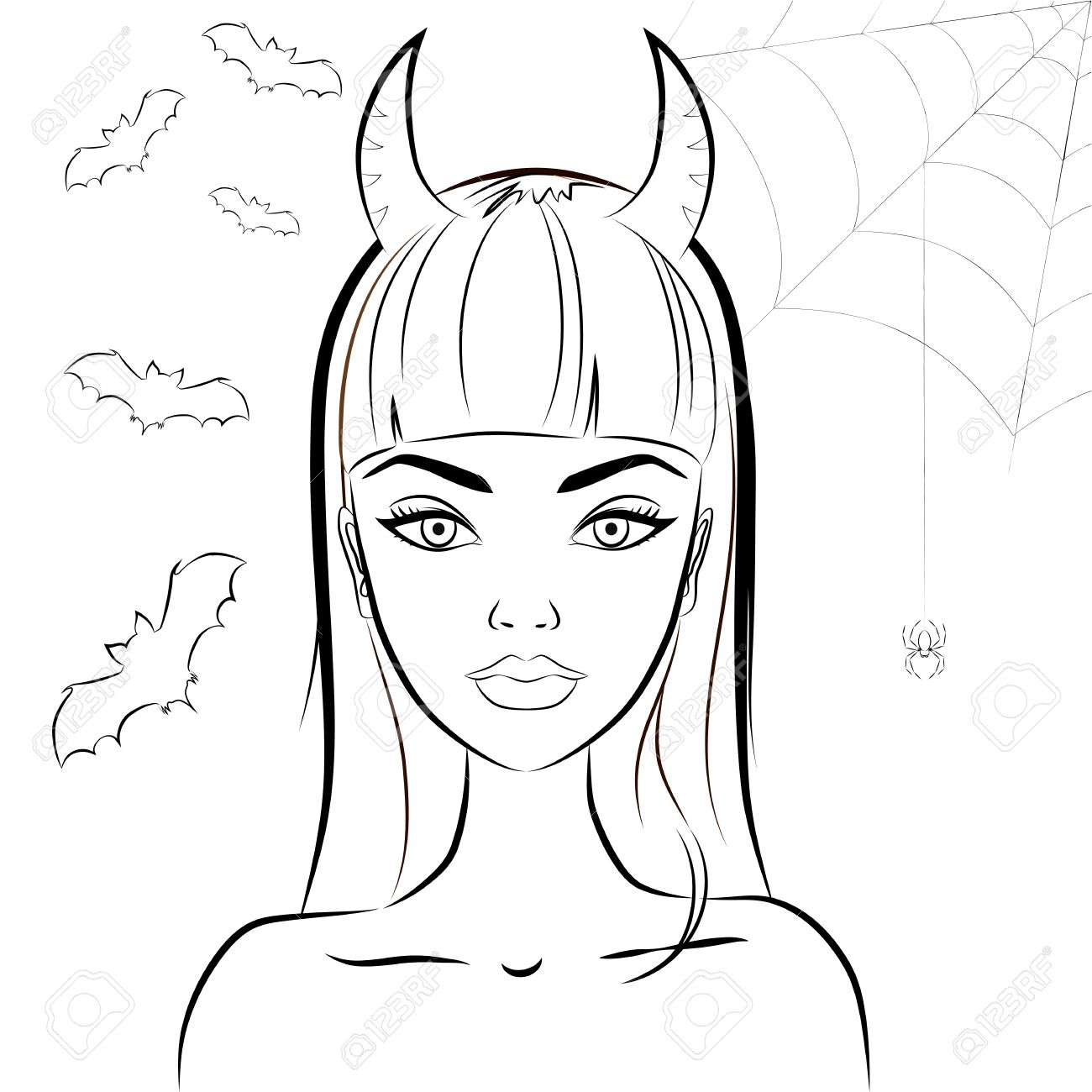 1300x1300 Halloween Beautiful Witch With Horns. Line Drawing Of Sexy