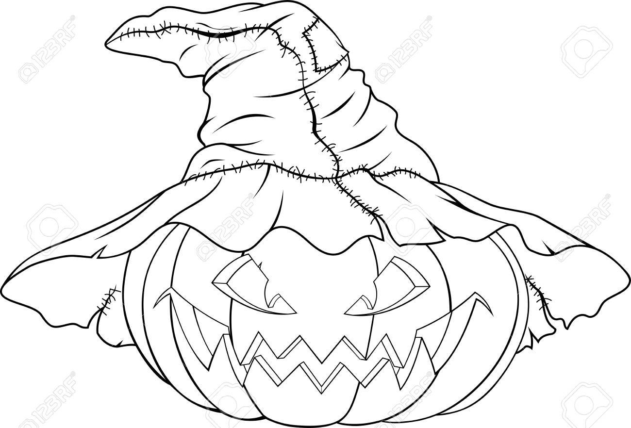 1300x882 Illustration Of Evil Pumpkin In Witch Hat For Halloween. Royalty