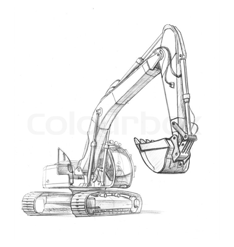 758x800 Illustration Of An Excavator, In Pencil. Black And White Stock