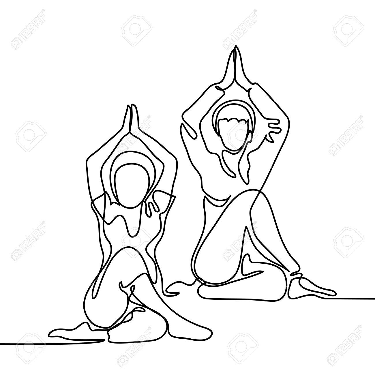 1300x1300 Continuous Line Drawing. Two Women Doing Exercise In Yoga Pose