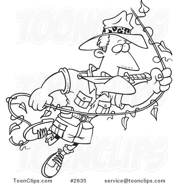 581x600 Cartoon Black And White Line Drawing Of An Explorer Guy Swinging
