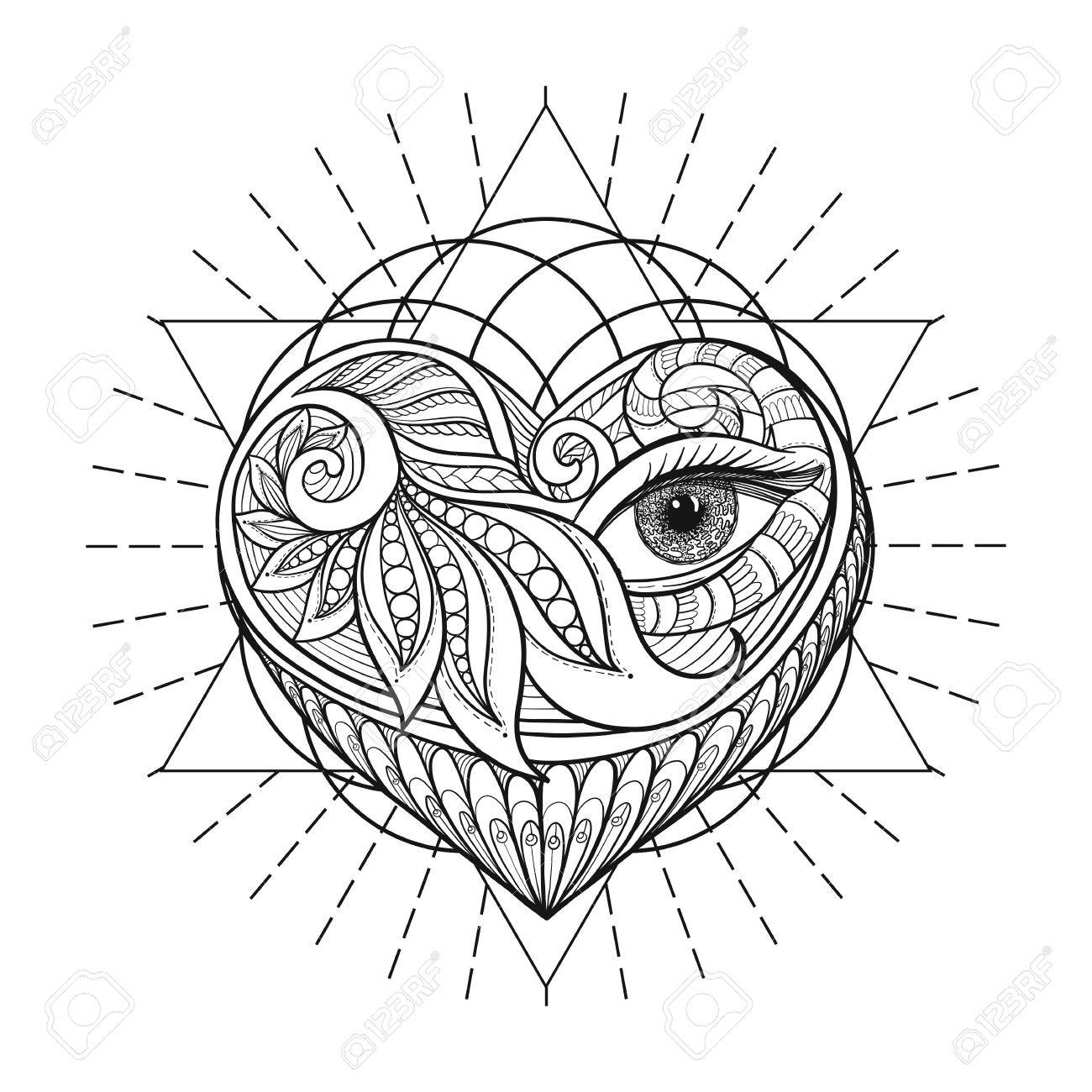 1300x1300 Vector Ornamental Love Heart, Sacred Geometry, Eye. Hand Drawn