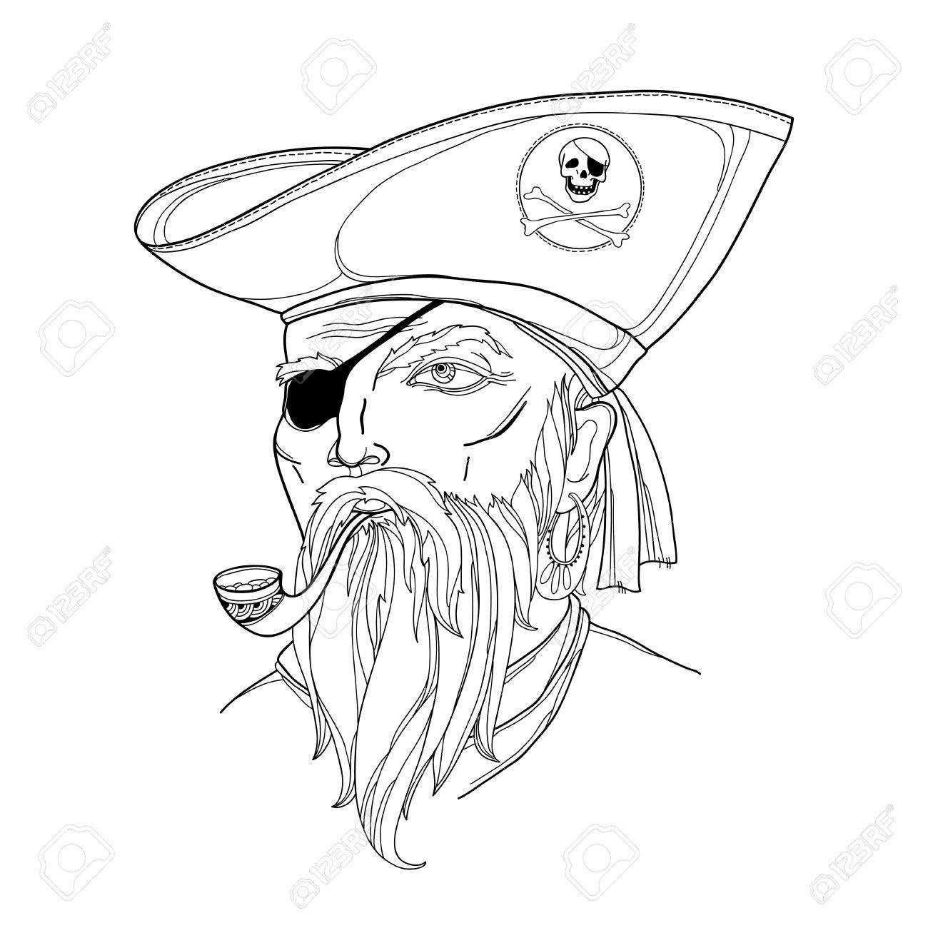 1300x1300 Vector Portrait Of Bearded Pirate Face With Tobacco Pipe Isolated
