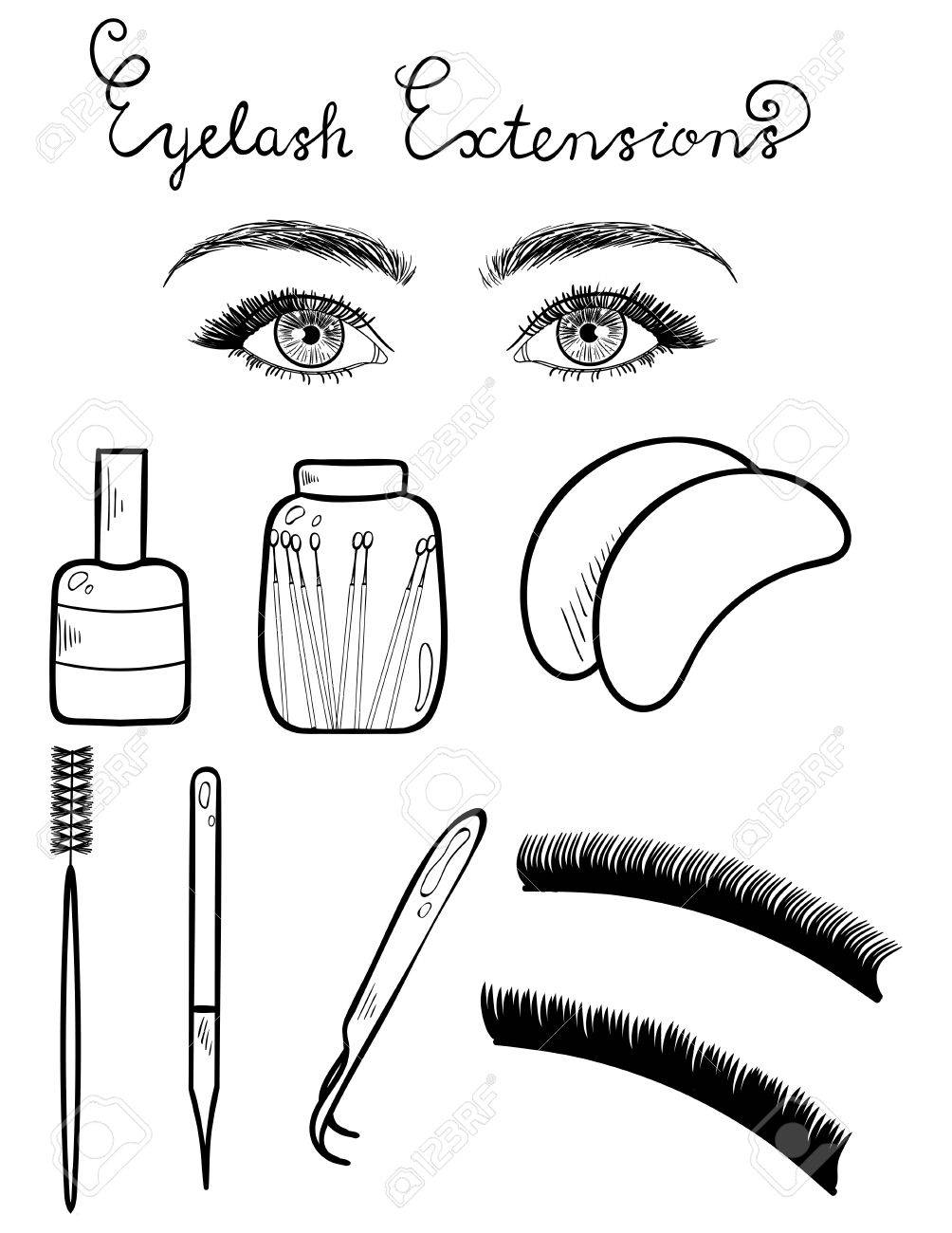 1004x1300 Sketched Vector Eyes With Long Lashes And Equipment For Eyelash