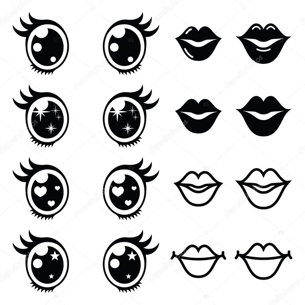 1024x1024 Kawaii Cute Eyes And Lips Icons Set, Kawaii Character Stock