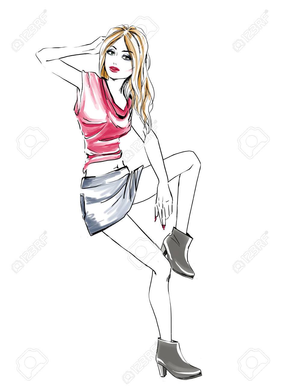 956x1300 Sketch Of Beautiful Womant Summer T Shirtnd Skirt. Girl