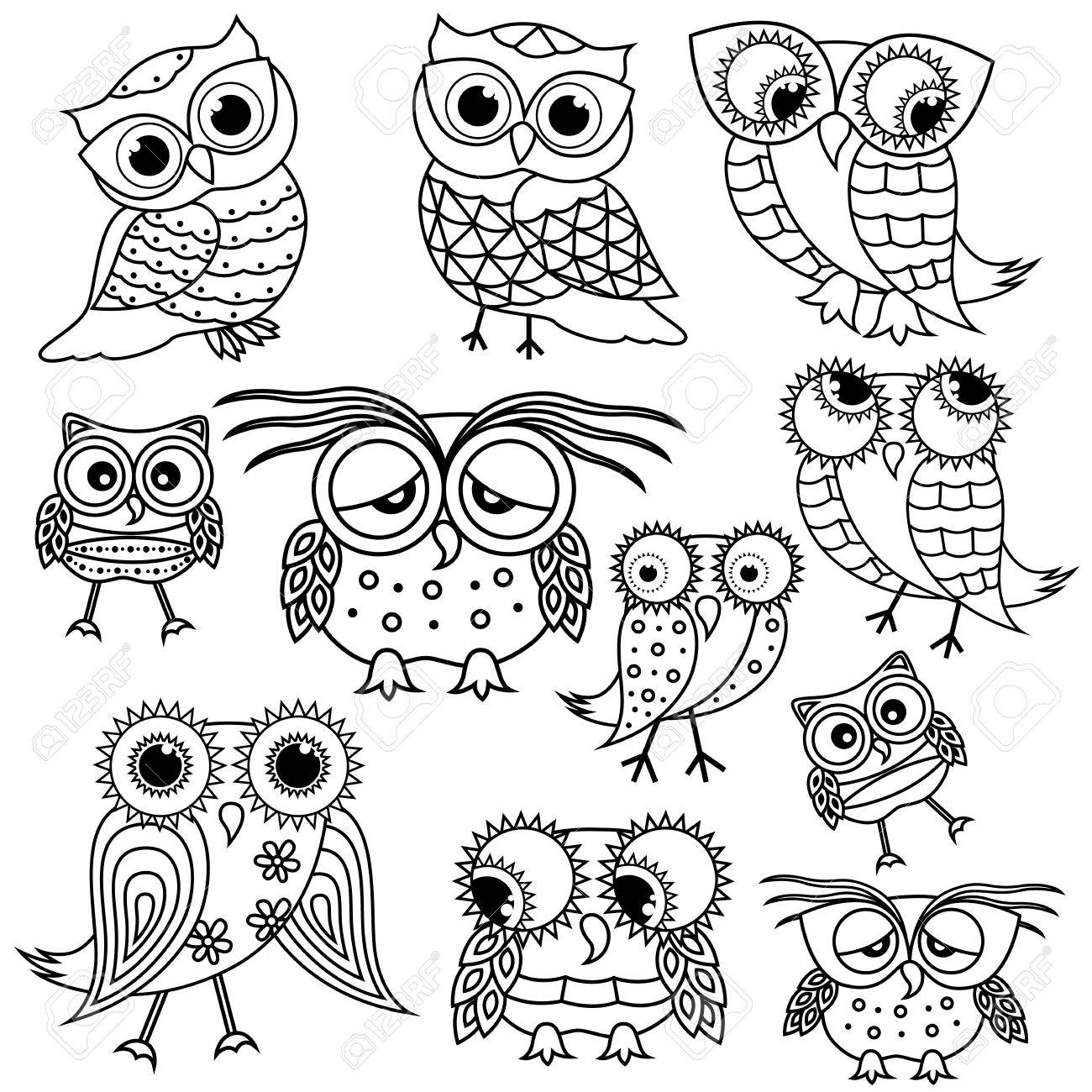 1300x1300 Set Of Eleven Funny Cartoon Owl Outlines Big Eyes And